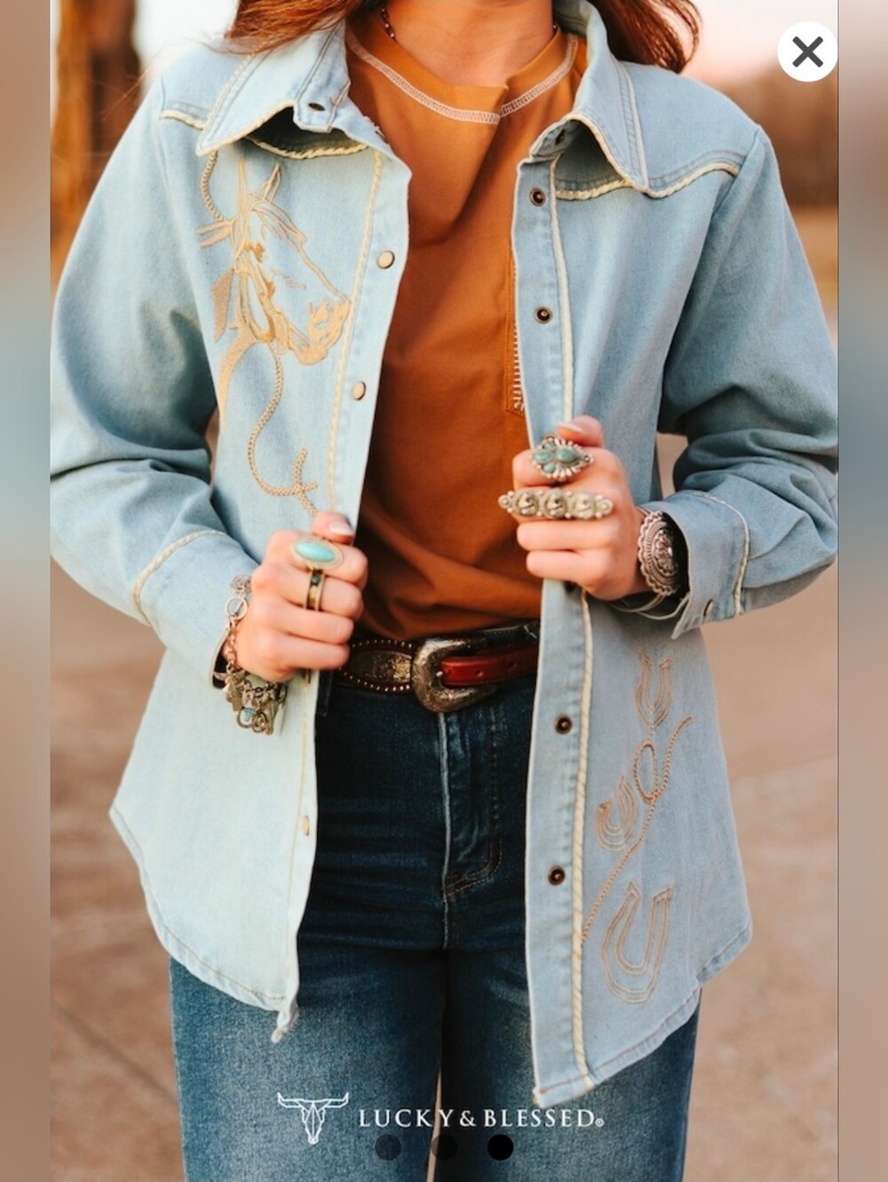 NEW!! Lucky & Blessed Embroidered Light Wash Denim Western Shirt Jacket, NWT - Picture 3 of 3